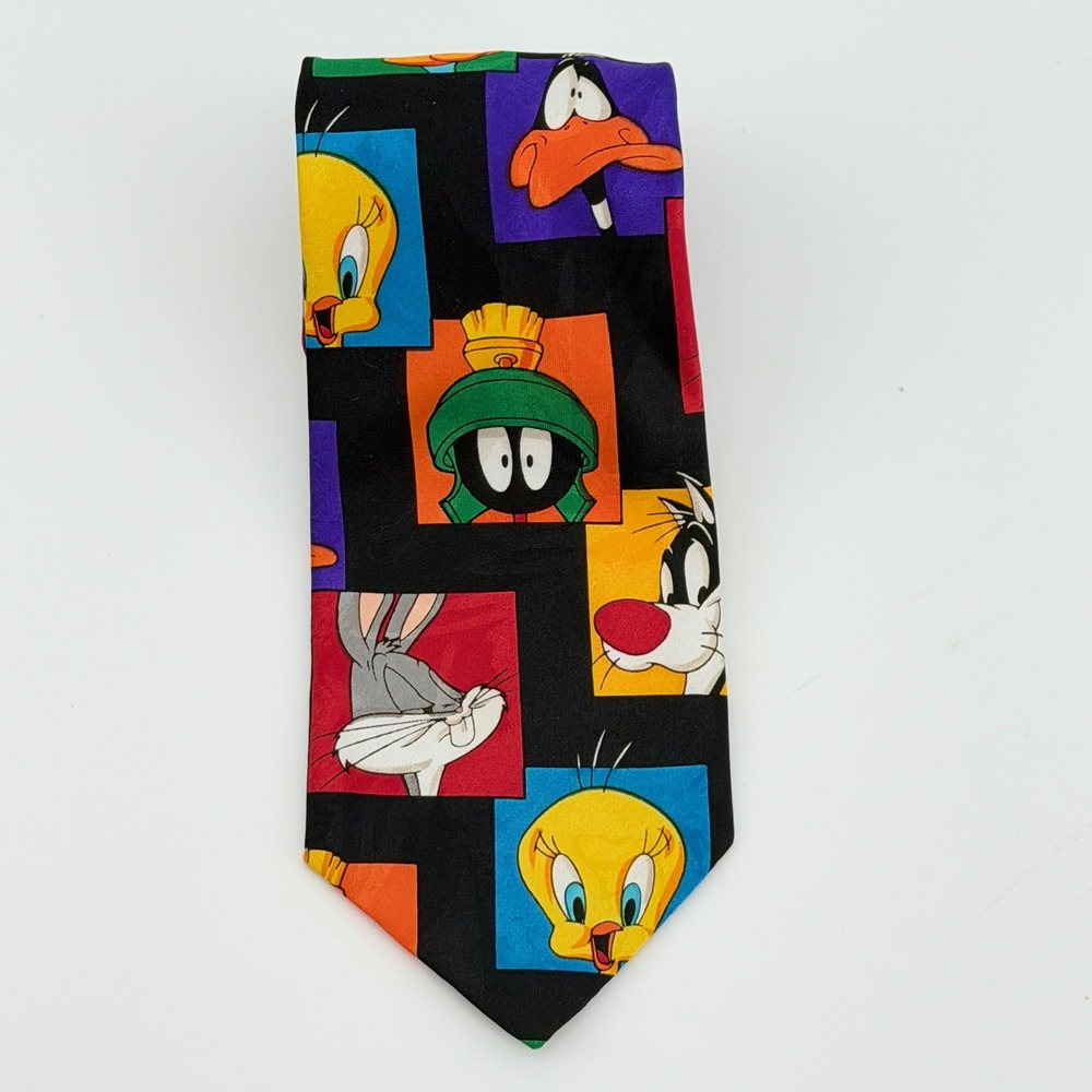 Vintage Looney Tunes Mania 1993 Characters Black Silk-Feel Novelty Necktie 90s